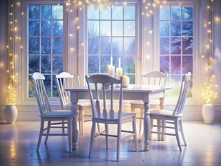 Obraz premium Surreal Wooden Dining Table, White Chairs, Fantasy Interior, Dreamlike Room, Magical Setting, Whimsical Furniture, 4 Chairs, Surrealist Photography