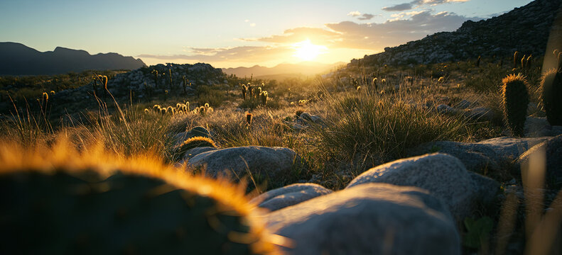 A landscape photograph of the Mexican nature, in the Breda de Rajadubnui Cactus Forest National Park. The sun is setting behind some rocks and cacti