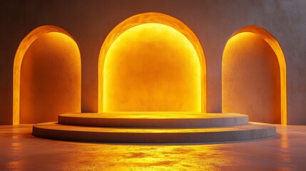 Golden podium with rounded edges, placed in soft ambient lighting 