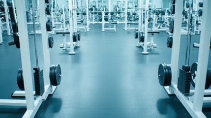 Fototapeta premium Modern Fitness Center Interior with Weightlifting Equipment, Cardio Machines, and Spacious Floor Area for Exercising and Training Enthusiasts in a Well-Lit Environment