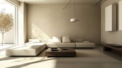 Fototapeta premium Serene Minimalist Living Room Design: Modern Beige Interior with Sunlight