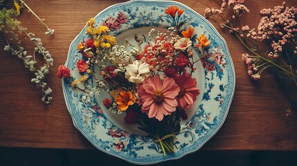 Vibrant Wildflower Bouquet Resting Gracefully on Antique Plate Photo. AI Generated