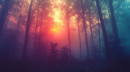 Fototapeta premium A captivating sunrise in a misty forest, showcasing vibrant colors and a serene, mystical atmosphere.