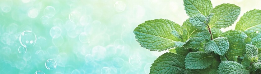 Fresh Green Mint Leaves on a Soft Focus Background with Bubbles and a Gentle Gradient, Perfect for Culinary, Health, and Aromatherapy Themes