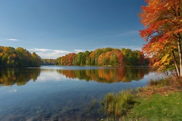 A autumn lake scenery and the trees are full with colorful leaves and flowers