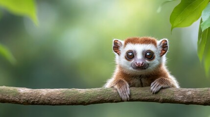 Fototapeta premium Cute and Curious Slow Loris Relaxing on a Branch Surrounded by Lush Green Foliage in a Tropical Rainforest Environment