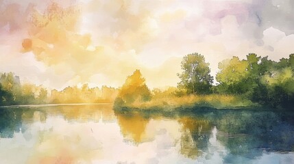 A peaceful watercolor scene depicting a calm lake with lush trees and a colorful sky, capturing the essence of nature's tranquility.