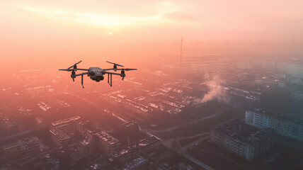 Naklejka premium A military drone conducts surveillance over enemy territory, relaying real-time intel as ground troops advance below. The UAV provides strategic support, ensuring mission success with aerial reconnais
