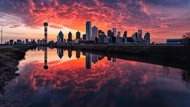 Vibrant Sunset Over Dallas Skyline Reflecting in Tranquil Waters Alongside the City&rsquo;s Iconic Landmarks