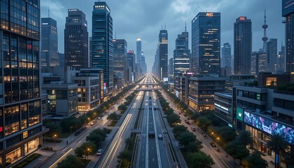 Modern Cityscape at Dusk Evening Traffic and Skyscrapers