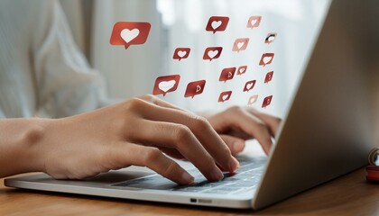 Hands type on laptop, displaying social media notifications, likes, and follower count.