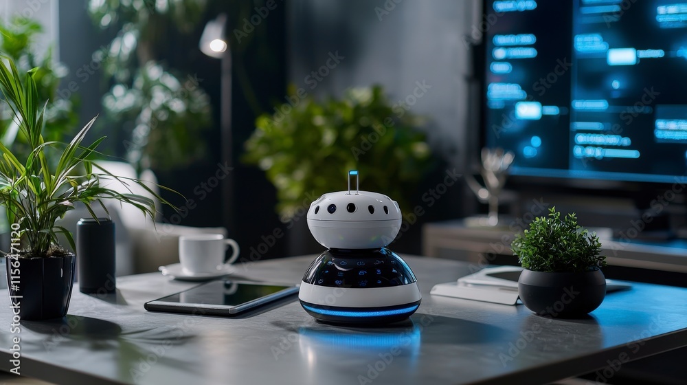Poster Ai chatbot engaging customers in a modern office setting interactive technology cozy environment informal viewpoint