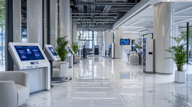 Futuristic bank branch featuring ai-driven kiosks urban setting modern architecture bright environment wide-angle view