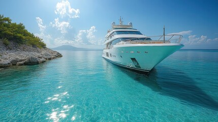 Obraz premium A luxurious yacht anchored in clear blue waters near a rocky shoreline.