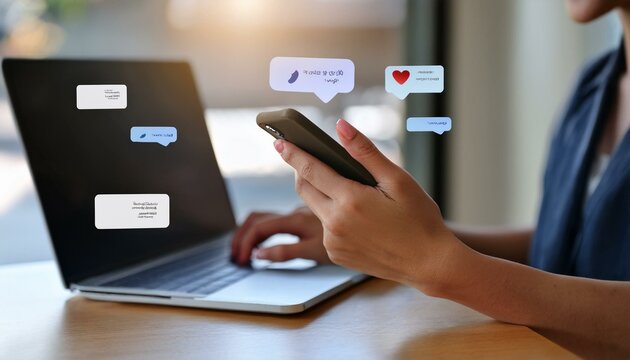 Hands use phone and laptop, with social media notifications displayed above the devices.