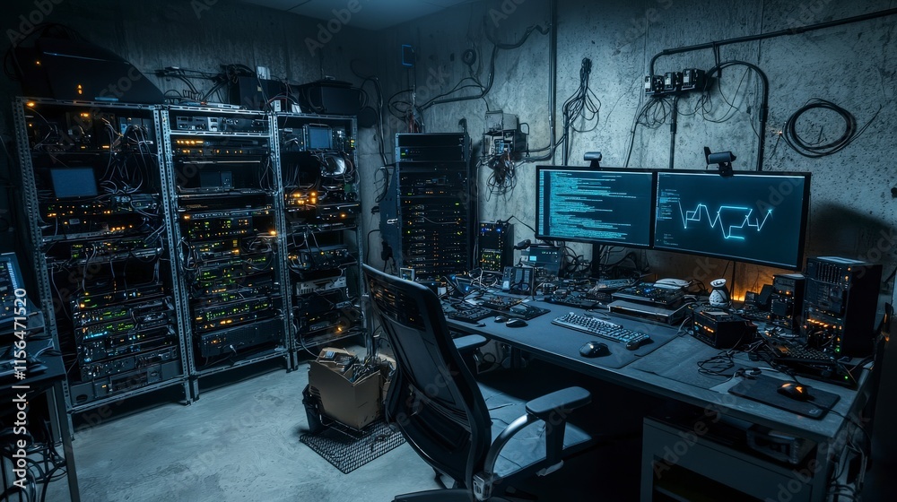 Poster Cybersecurity showdown hacker's lair under siege in a dimly lit tech environment