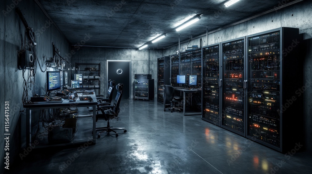 Poster Cybersecurity breach prevention lessons from hacker lairs on securing digital infrastructure and surveillance tactics