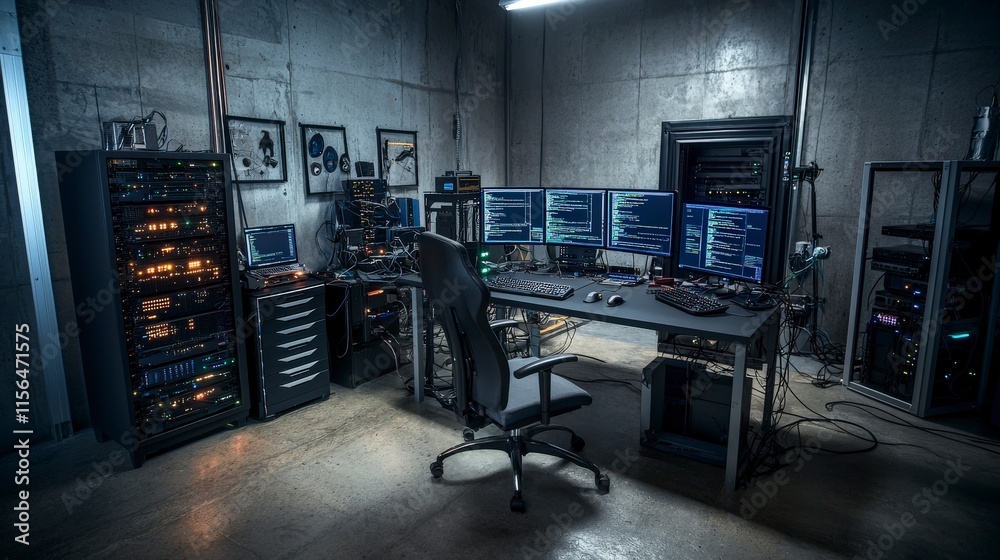Poster Thwarted cyber attacks hacker's lair digital workspace tech environment dark lighting cybersecurity challenges