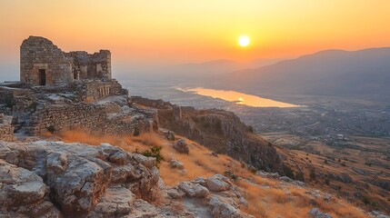 Fototapeta premium Golden Sunset Illuminates Ancient Hilltop Ruins: Wide Photo. AI Generated