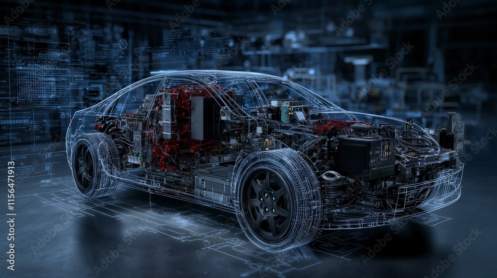 Aufkleber Autonomous vehicle technical blueprint future labs digital art workshop side view innovative design concepts