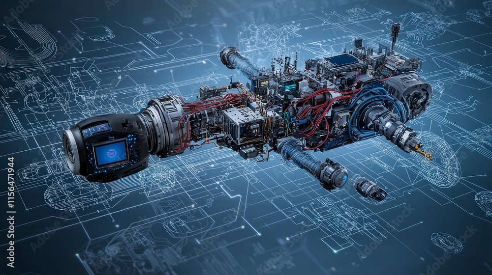 Poster technical illustration of autonomous technology in a digital space a futuristic aerial perspective