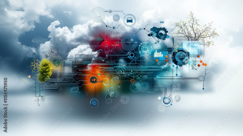 Poster digital transformation roadmap corporate office infographic cloud integration strategic overview vis