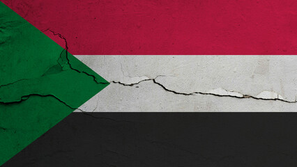 Sudan flag on cracked wall background, flag with crack line
