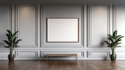 Minimalist Living Room Interior Design  Mockup Blank Frame  Bench  Plants