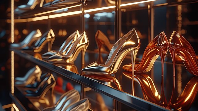 An array of stylish high-heeled shoes in metallic colors, displayed on a modern rack with elegant lighting