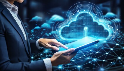 Hands touch a tablet screen. A cloud with a monitor icon is overlaid on a digital network.