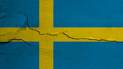 Sweden flag on cracked wall background, flag with crack line