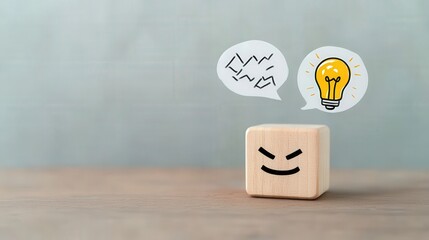 turned wooden cube block unhappy face to happy with a tangle of thoughts and brighten lightbulb on white speech bubble, for creative, solution, problem solving concept