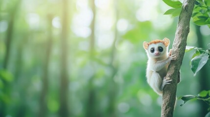 Fototapeta premium Adorable young primate with large expressive eyes climbing a tree branch in a lush green forest, showcasing its playful nature and vibrant surroundings.
