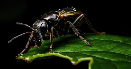 Naklejka premium A close-up of a black insect resting on a green leaf, showcasing intricate details.