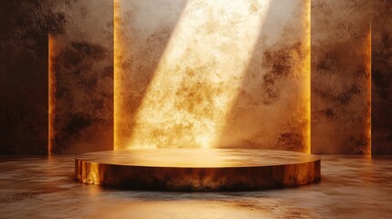 Tall golden podium with angular design, shimmering under light 