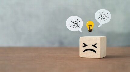 turned wooden cube block unhappy face to happy with a tangle of thoughts and brighten lightbulb on white speech bubble, for creative, solution, problem solving concept