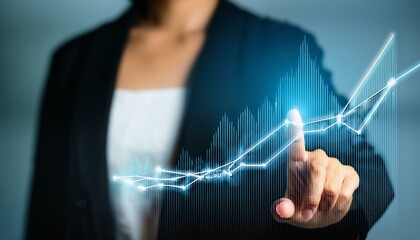 A hand points to glowing graph lines. The lines are superimposed over a person's clothes