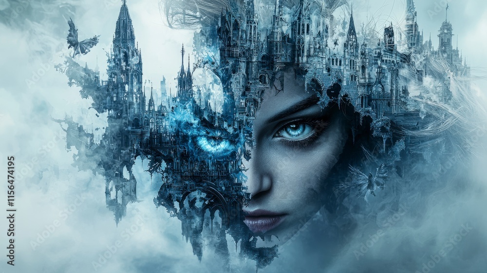 Aufkleber Mystical figures in an ethereal landscape a surreal dark fantasy scene with dreamlike atmosphere and intricate design