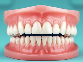 Obraz premium Realistic Model of Human Teeth Demonstrating Dental Anatomy for Educational Purposes in Bright Vibrant Colors Against a Soft Blue Background