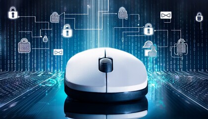 A white mouse is being used. Overlays of locks and binary code float above the surface