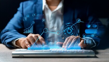 Hands are typing on a keyboard. Holographic charts and graphs float above the keys.