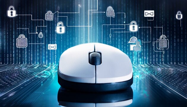 A white mouse is being used. Overlays of locks and binary code float above the surface