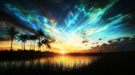 Fototapeta premium Tropical landscape at dusk scenic view nature photography serene environment dreamy color palette captivating mood