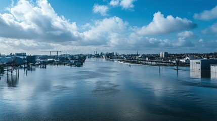 Obraz premium Coastal city flood defense initiatives strengthening resilience against climate change urban landscape aerial view