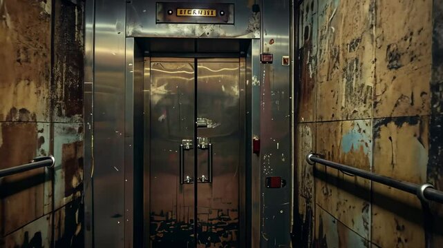 Rusty Elevator Waiting Area With Worn Walls and a Dim Light in an Abandoned Building