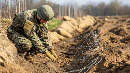 A military engineer constructing a defensive perimeter using sandbags and barbed wire at a frontline position, showcasing strategic fortification efforts under tense conditions.