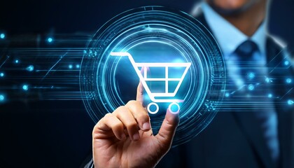 Fototapeta premium A finger touches a digital shopping cart icon on a glowing screen.