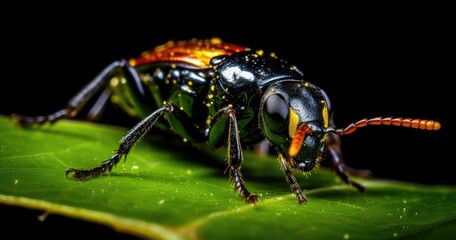 Fototapeta premium A close-up of a colorful insect perched on a leaf, showcasing intricate details.