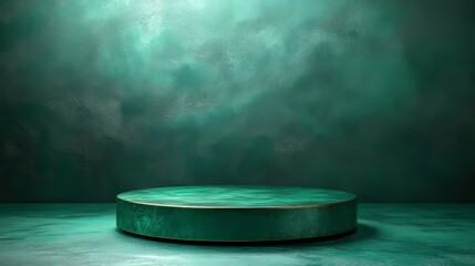 Circular green podium with a metallic finish on a soft emerald green background