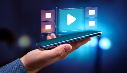 A hand holds a smartphone with a floating video playlist interface.